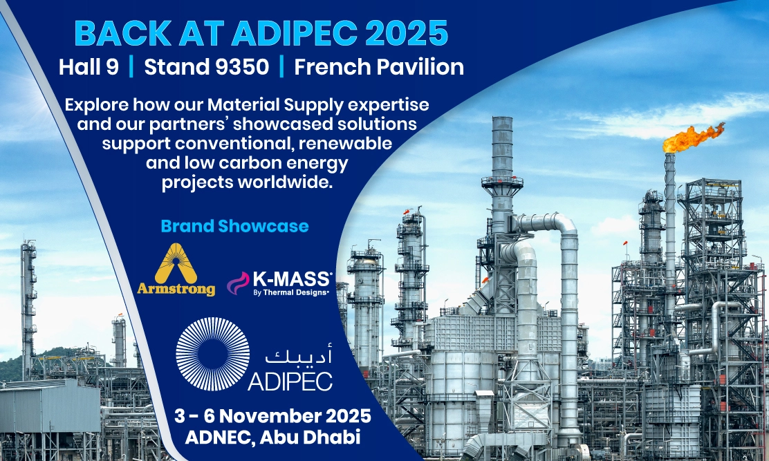 ADIPEC 2025 promotional banner featuring Hall 9, Stand 9350 at the French Pavilion, showcasing material supply expertise and partner brands Armstrong and K-MASS for energy solutions, with a background of an industrial oil and gas plant.